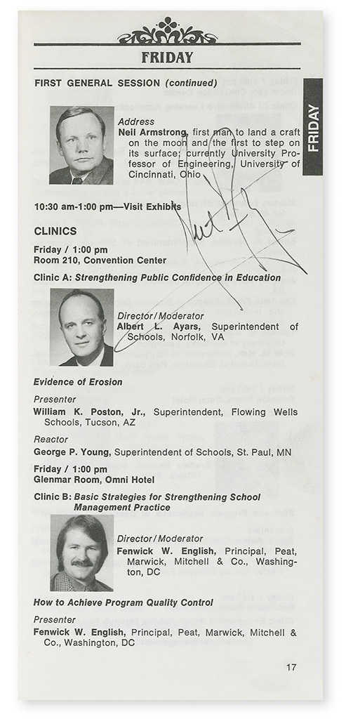 ARMSTRONG, NEIL A. Signature, on an interior page of a program for the 1981 convention of the American Association of School Administra